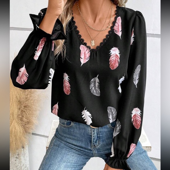 Black Feather Print Sheer mesh Lace Back Long Sleeve Blouse Top Shirt - Picture 5 of 5